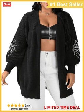 Plus Size Goth Cardigan Sweater Spiderweb Embroidery Open Front Knit